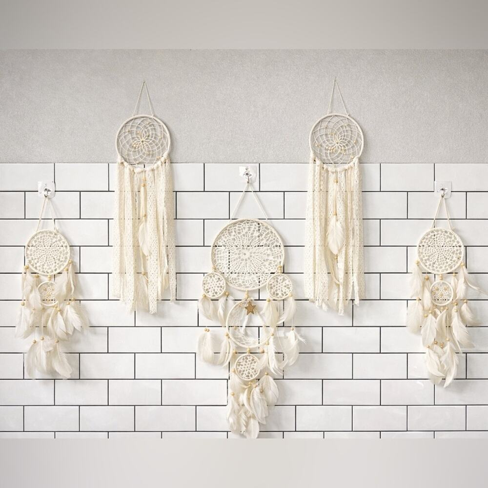 Boho Cream Dreamcatcher Wall Set 6pc Lace Feather Crochet Hanging Decor